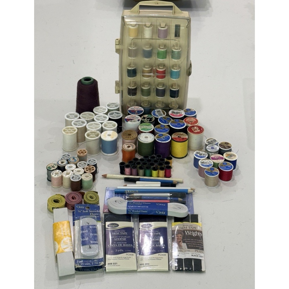 Vintage Sewing Thread Lot 122 Spools + Measuring Tapes Hem Tape Elastic Craft
